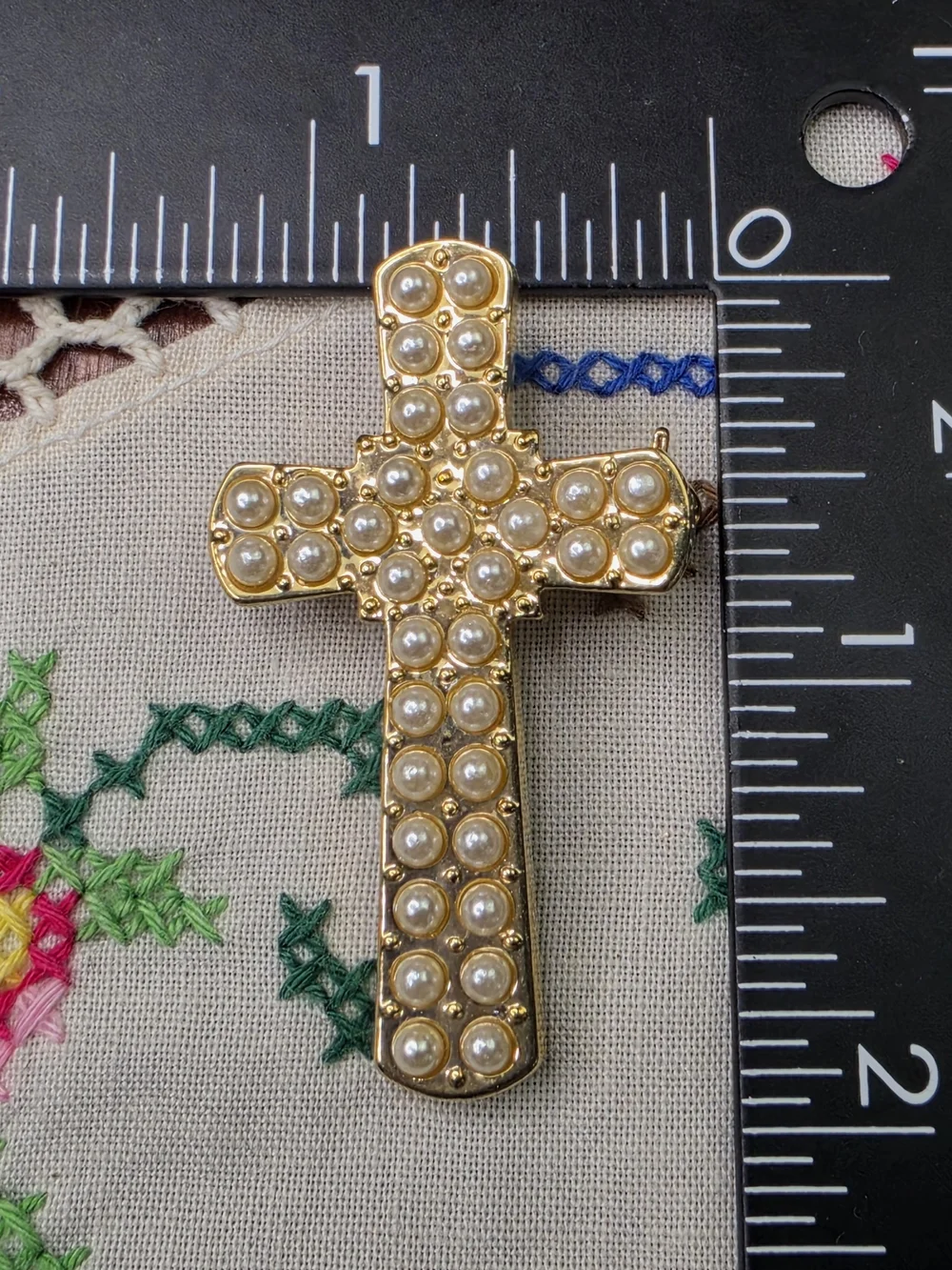 Estate Gold-Tone Cross Brooch with Pearls
